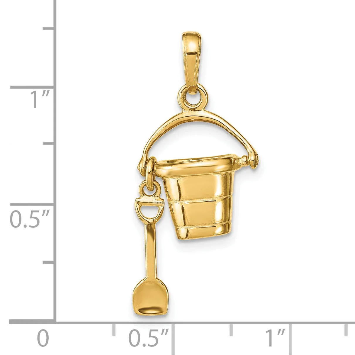 14k Yellow Gold Solid Polished Finish Moveable 3-Dimensional Beach Pail with Shovel Charm Pendant