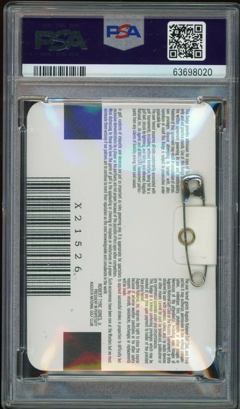 1997 The Masters PGA Badge Tiger Woods 1st Major Win PSA 9 MINT Only 1 Higher!