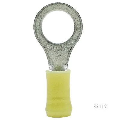 35109 RING TERMINAL/#10 stud/tab size, female, insulated, yellow, tin plating, copper material, nylon insulation, 300 VAC. For use with 12-10 gauge wire.