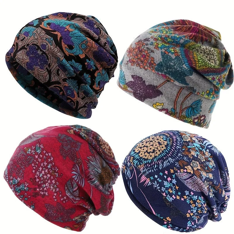 4-Piece Bohemian Floral Brimless Beanie Set – Warm & Multifunctional Headscarf