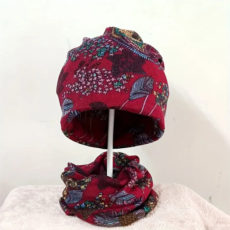 4-Piece Bohemian Floral Brimless Beanie Set – Warm & Multifunctional Headscarf