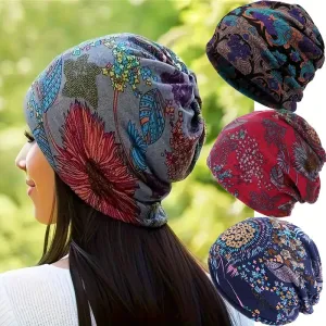 4-Piece Bohemian Floral Brimless Beanie Set – Warm & Multifunctional Headscarf