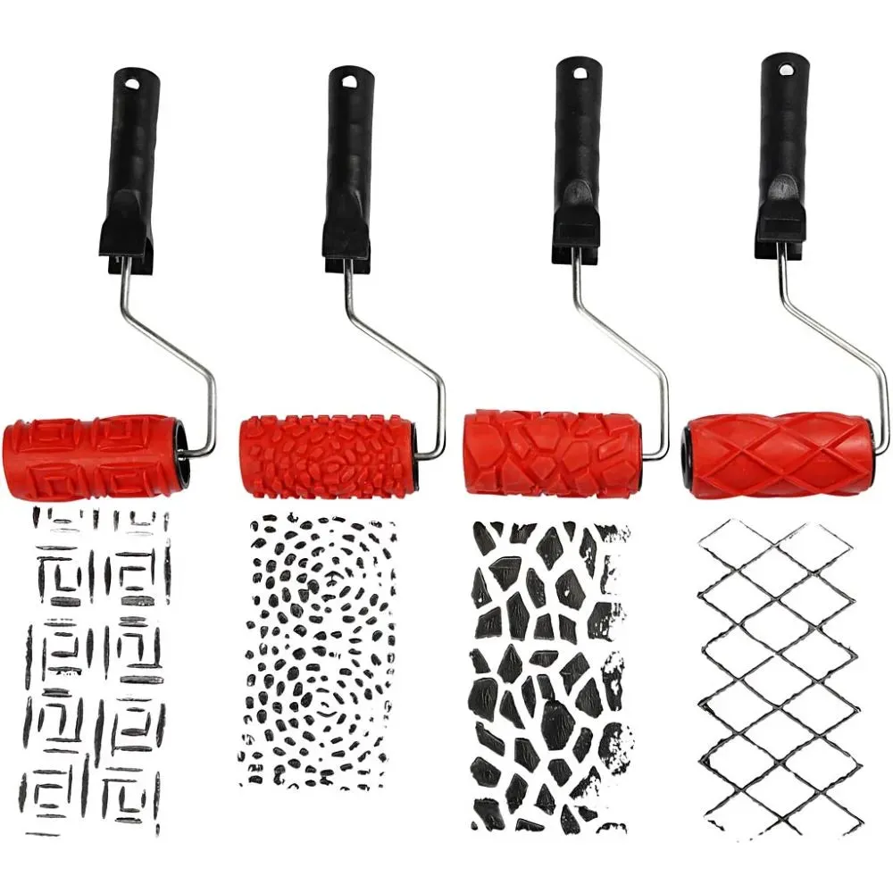 4 x Texture Pattern Rubber Rollers 10cm Paint/Clay Embossing Artists Craft Tools