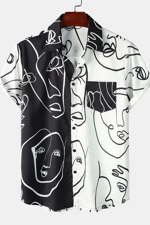 Abstract Face Print Patchwork Shirt