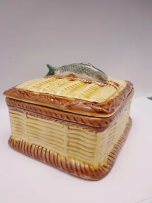 Antique English Pottery Fish Sardine Dish Box Basket