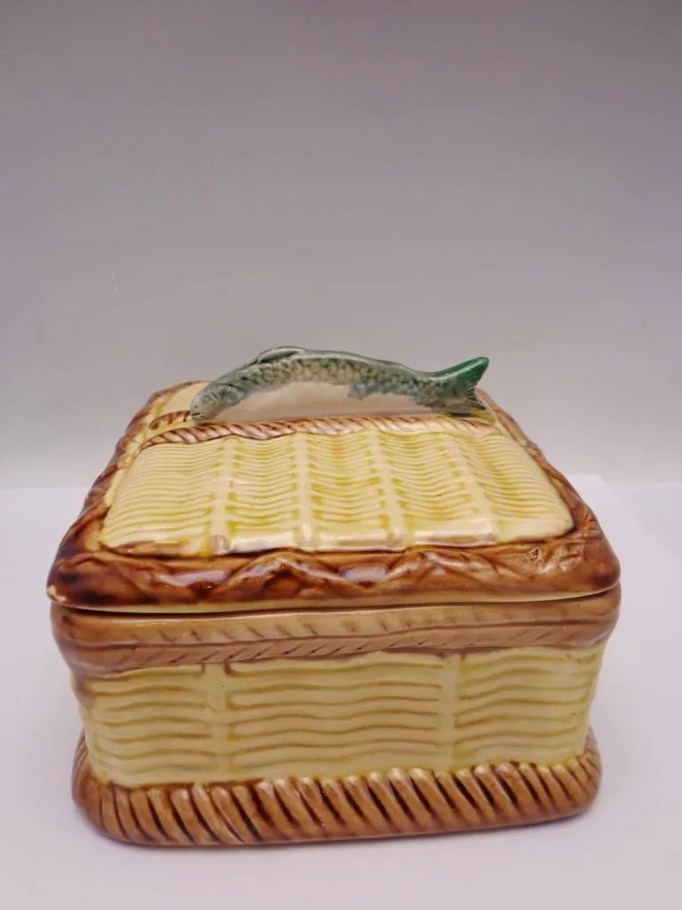 Antique English Pottery Fish Sardine Dish Box Basket