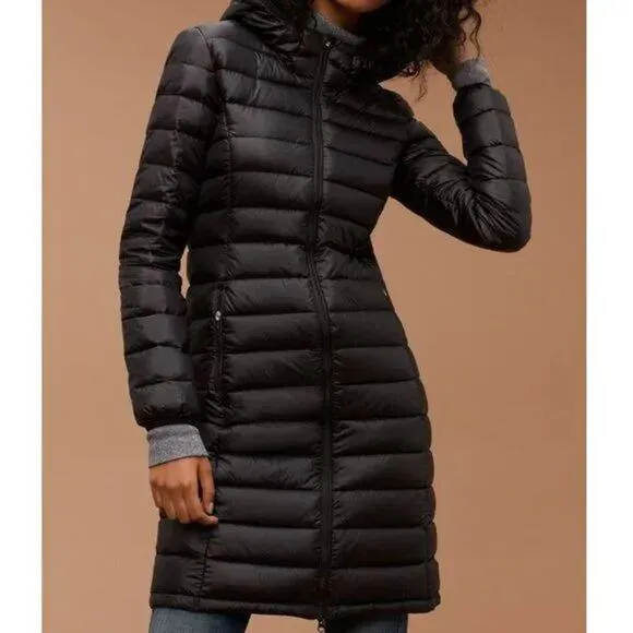 Aritzia TNA Puffer Jacket Bravura Long Hooded Black Packable Goose Down *Small