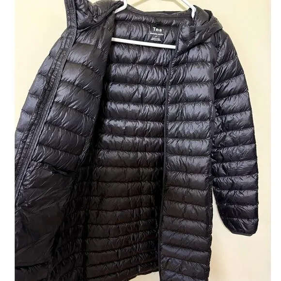 Aritzia TNA Puffer Jacket Bravura Long Hooded Black Packable Goose Down *Small