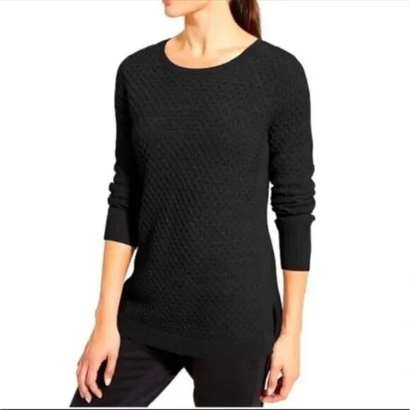 Athelta Womens Merino Wool Honeycomb Pullover Sweater Size XS Black Long Sleeve