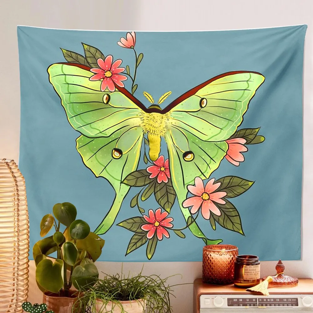 Butterfly Moon Phase Tapestry Wall Hanging Moon Black and Green Wall Art Tapestry for Bedroom Living Room Dorm Home Decor