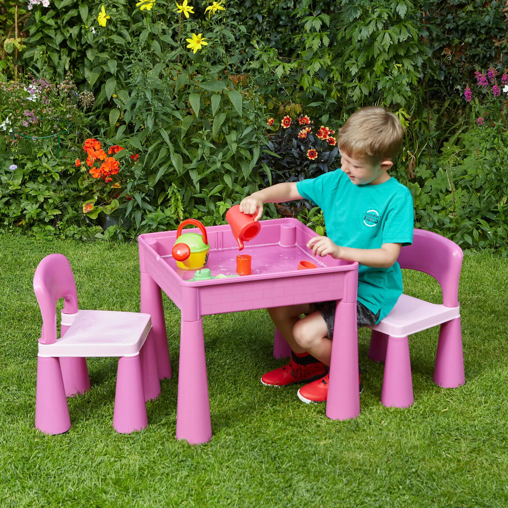 Children's Indoor | Outdoor Multipurpose Plastic Table & 2 Chairs Set | Lego Board | Sand & Water Pit | Pink