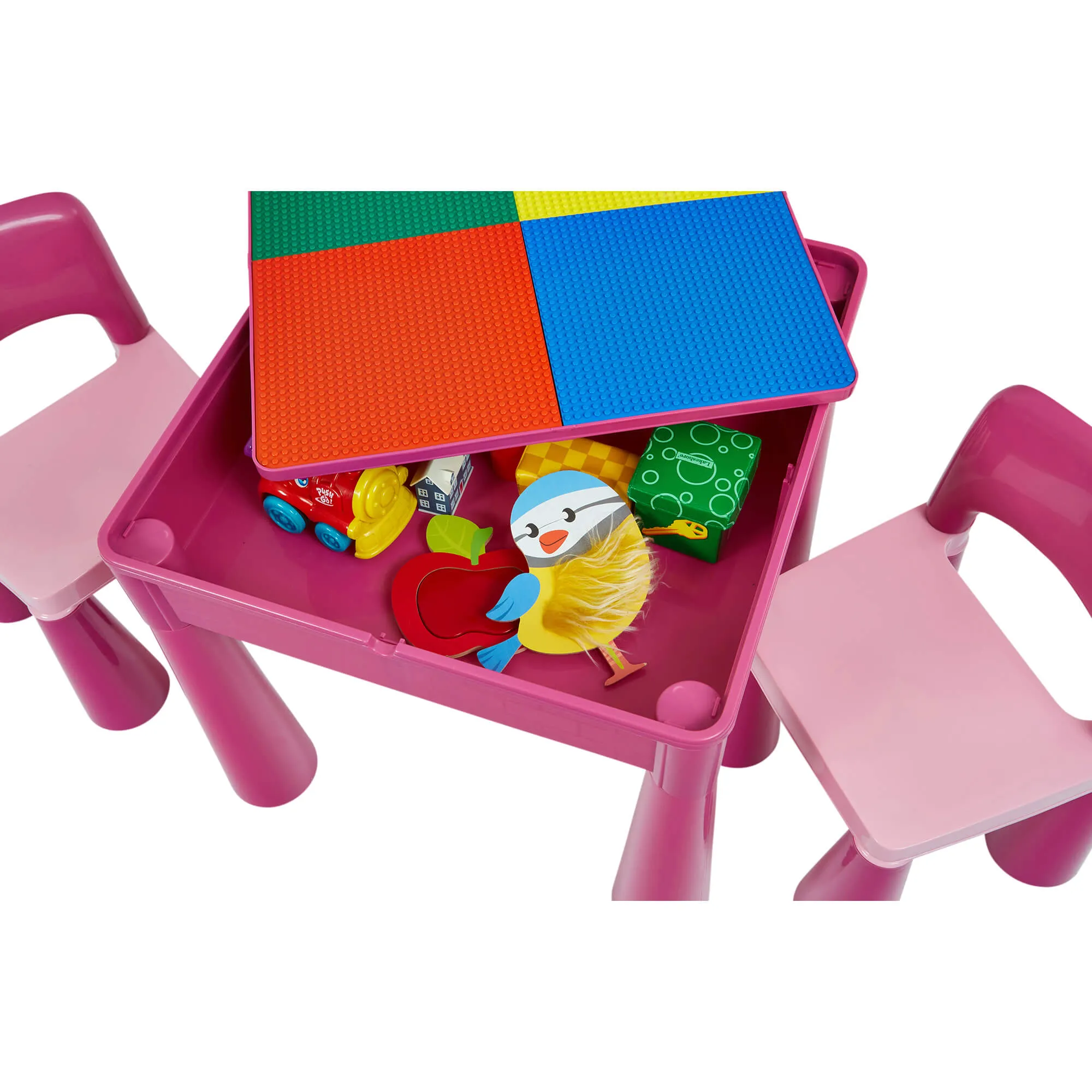 Children's Indoor | Outdoor Multipurpose Plastic Table & 2 Chairs Set | Lego Board | Sand & Water Pit | Pink