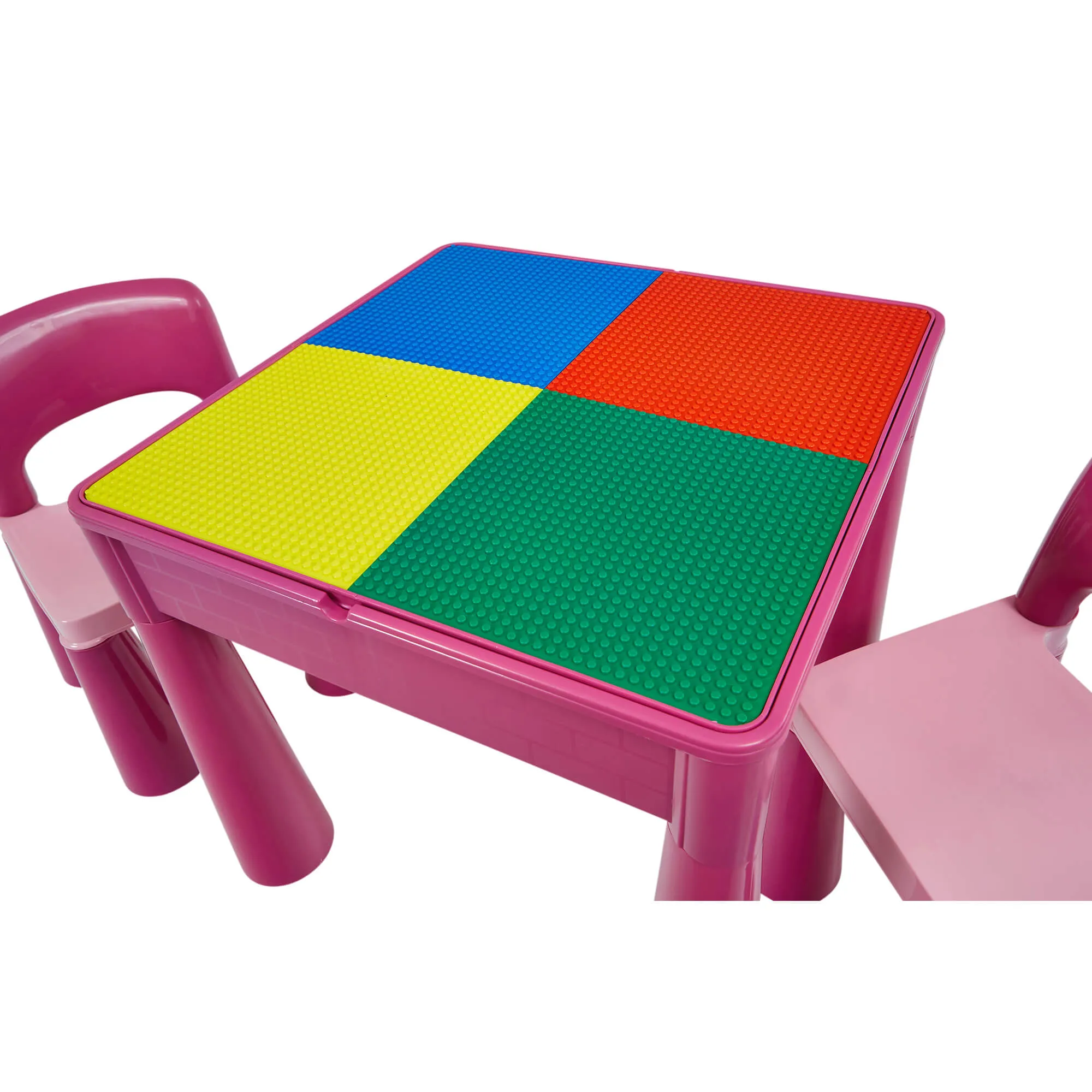 Children's Indoor | Outdoor Multipurpose Plastic Table & 2 Chairs Set | Lego Board | Sand & Water Pit | Pink