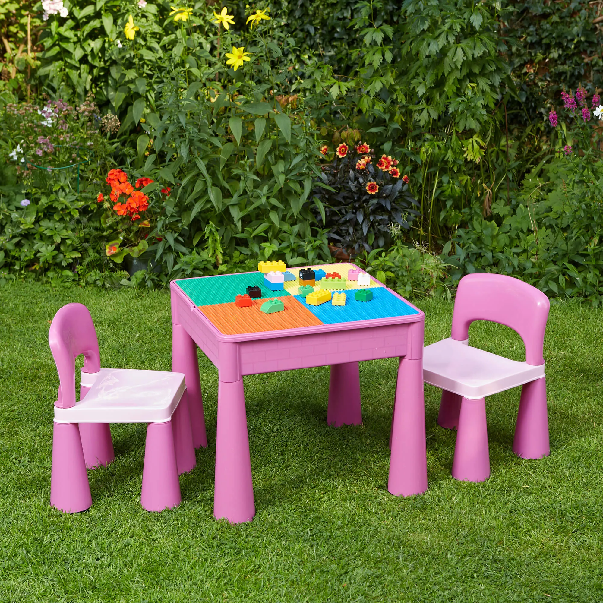 Children's Indoor | Outdoor Multipurpose Plastic Table & 2 Chairs Set | Lego Board | Sand & Water Pit | Pink