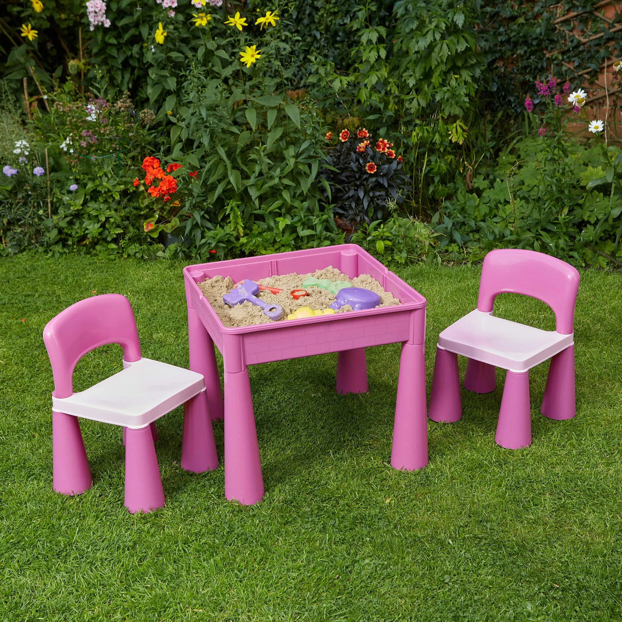 Children's Indoor | Outdoor Multipurpose Plastic Table & 2 Chairs Set | Lego Board | Sand & Water Pit | Pink