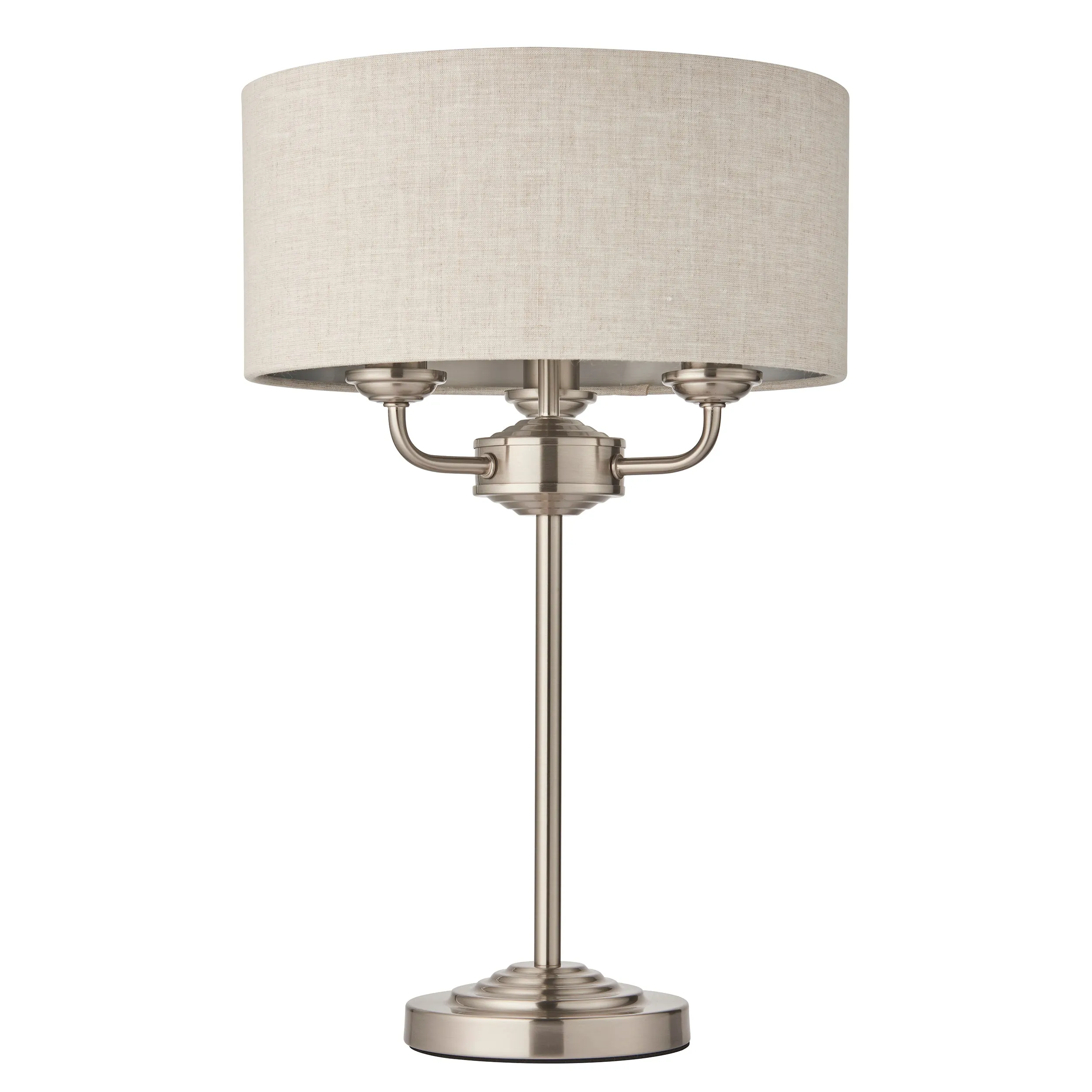 Endon 94369 Highclere 3lt Table Brushed chrome plate & natural linen 3 x 18W E14 Eco golf (Required)