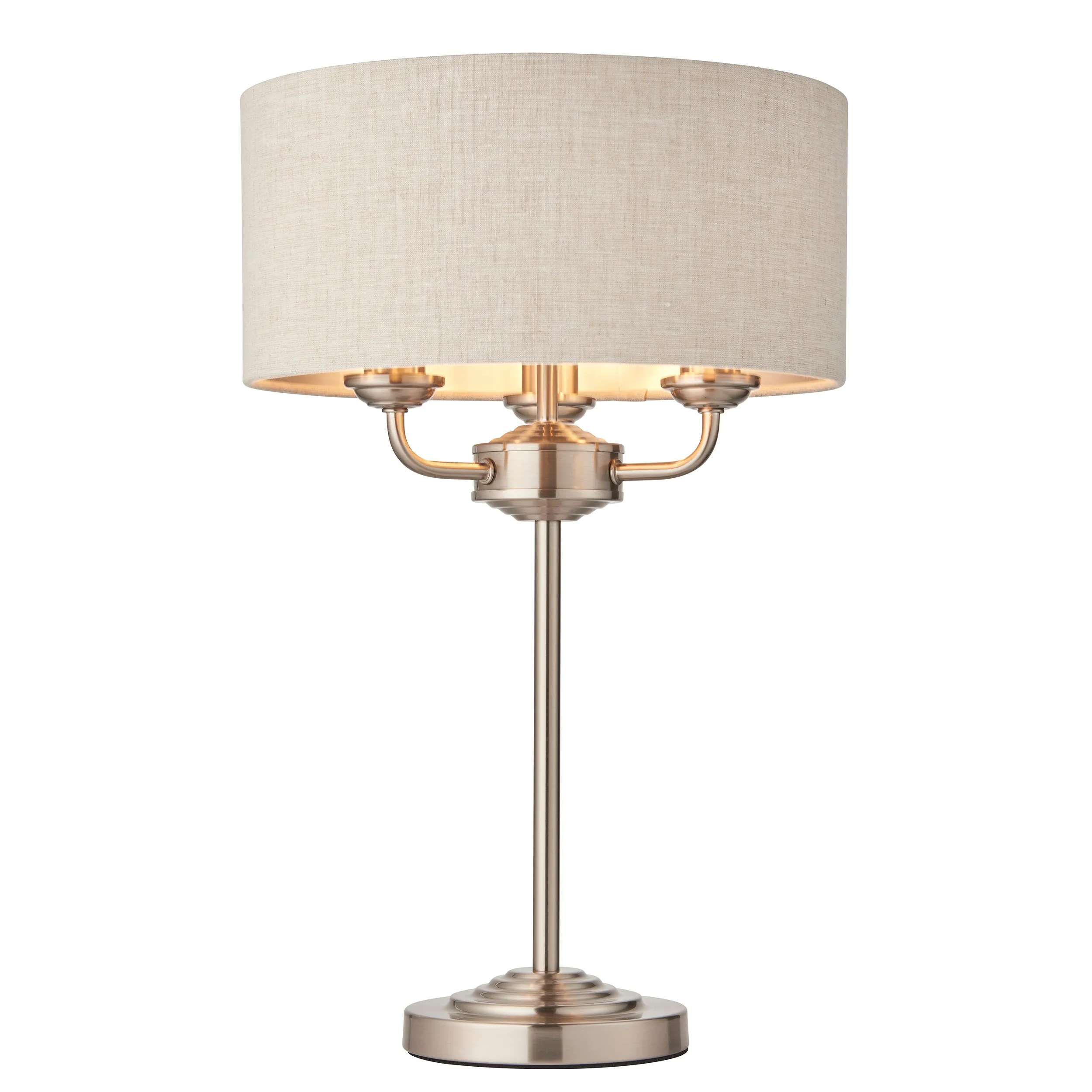 Endon 94369 Highclere 3lt Table Brushed chrome plate & natural linen 3 x 18W E14 Eco golf (Required)
