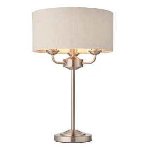 Endon 94369 Highclere 3lt Table Brushed chrome plate & natural linen 3 x 18W E14 Eco golf (Required)