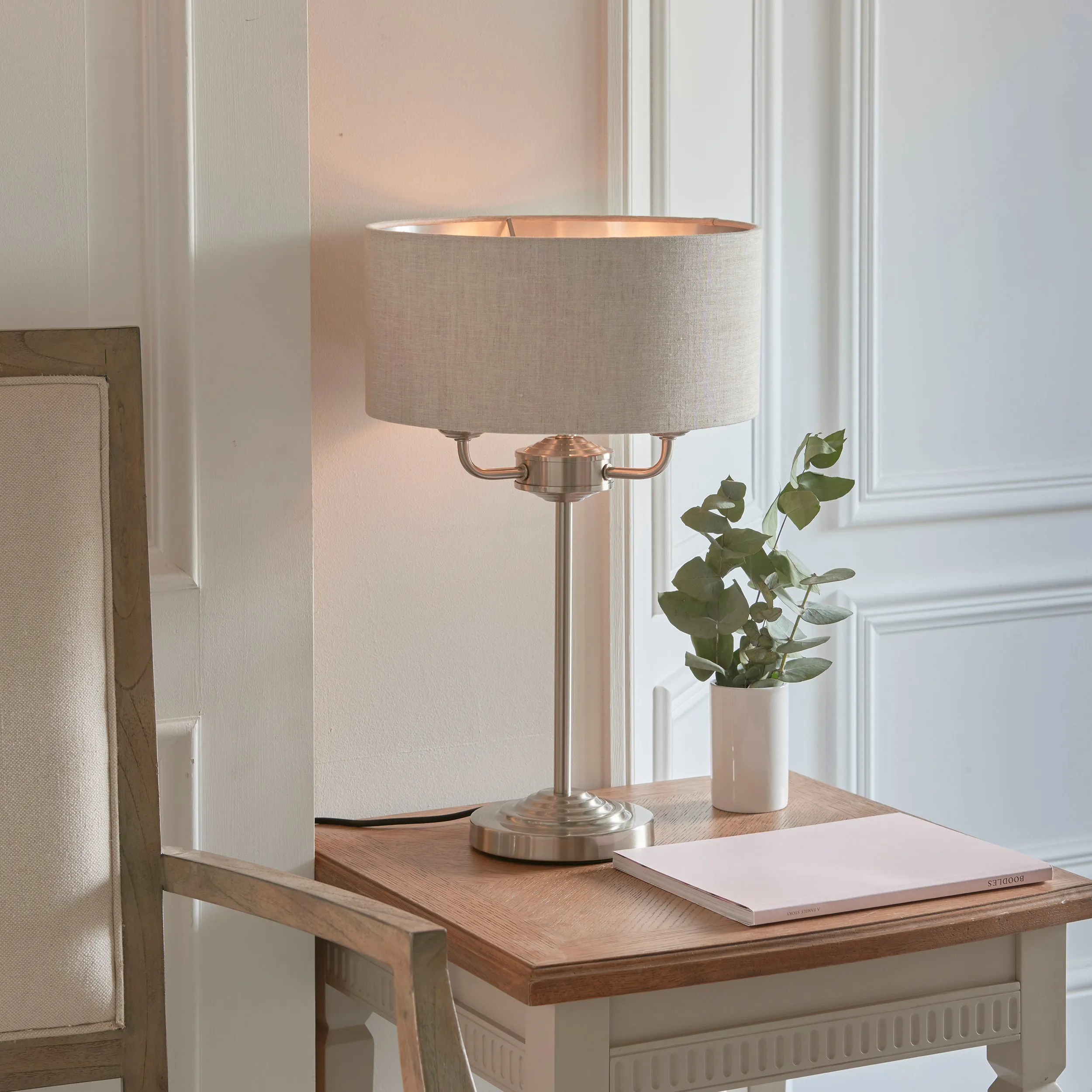 Endon 94369 Highclere 3lt Table Brushed chrome plate & natural linen 3 x 18W E14 Eco golf (Required)