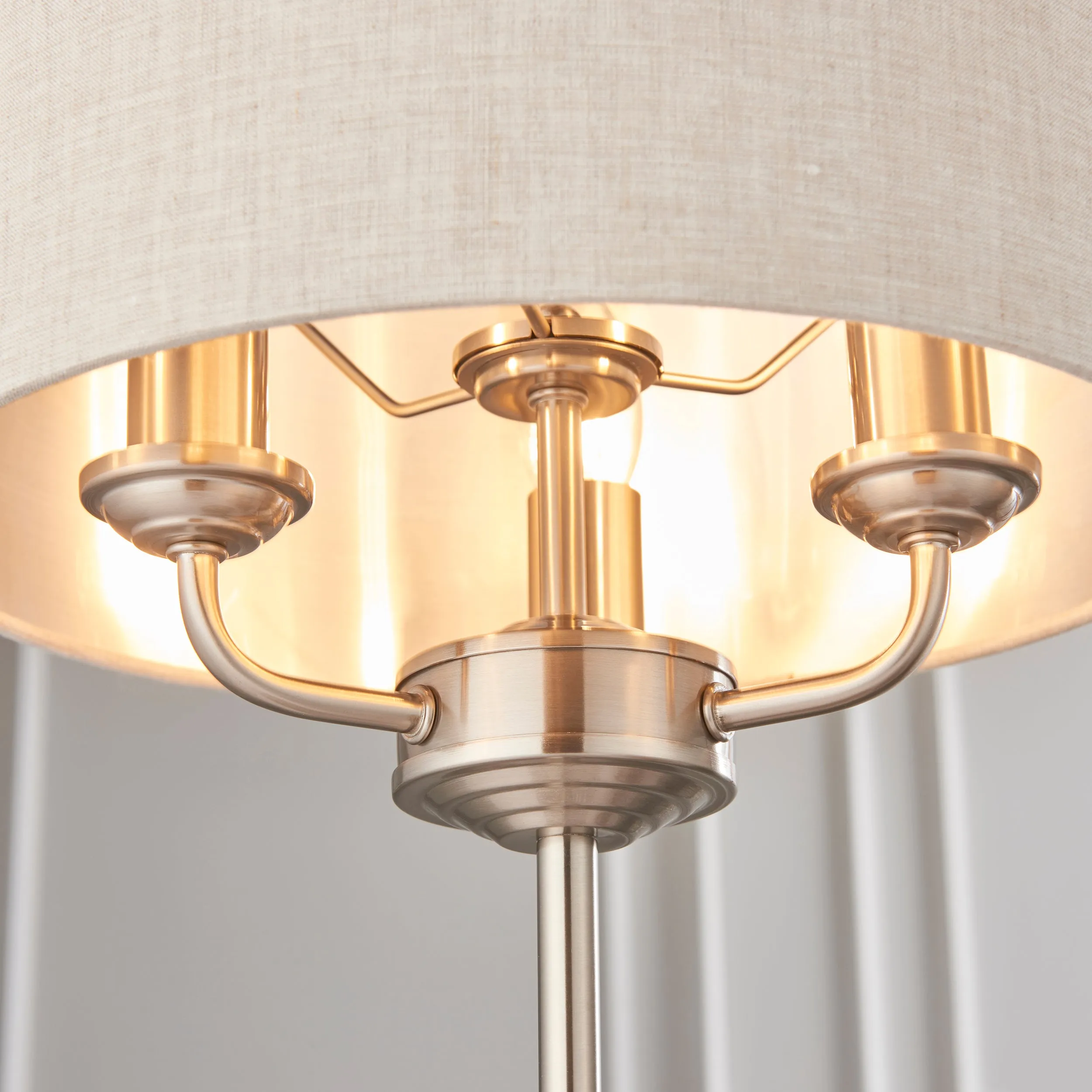 Endon 94369 Highclere 3lt Table Brushed chrome plate & natural linen 3 x 18W E14 Eco golf (Required)