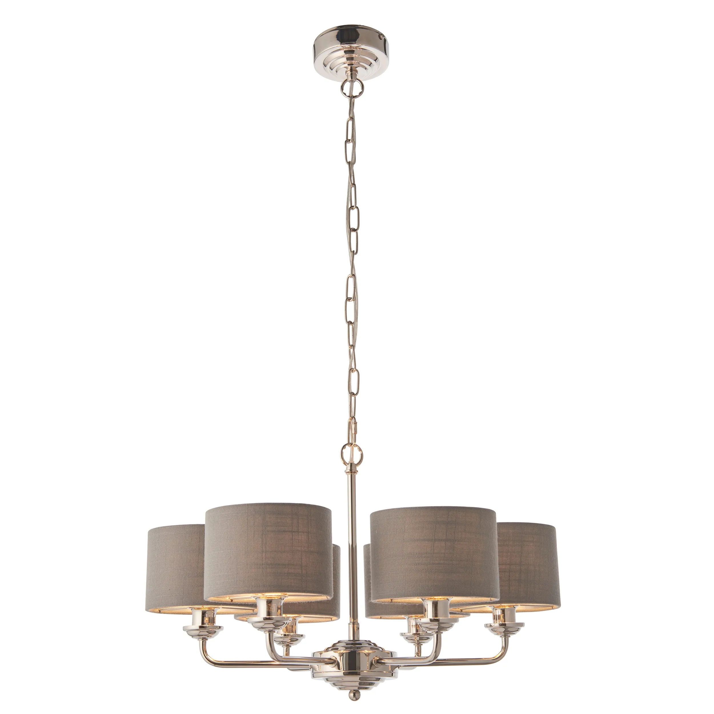 Endon 94381 Highclere 6lt Pendant Bright nickel plate & charcoal fabric 6 x 28W E14 Eco golf (Required)