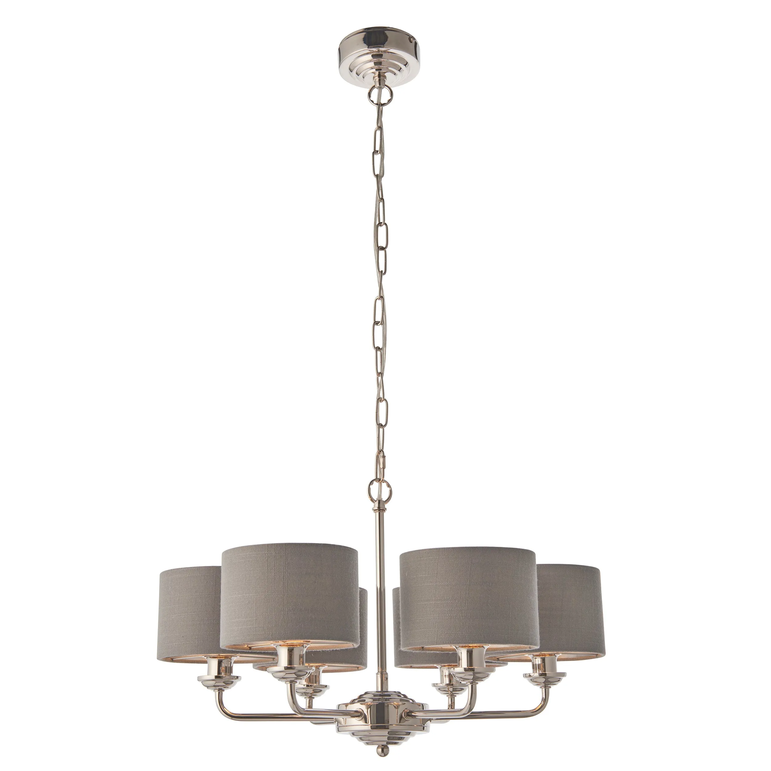 Endon 94381 Highclere 6lt Pendant Bright nickel plate & charcoal fabric 6 x 28W E14 Eco golf (Required)