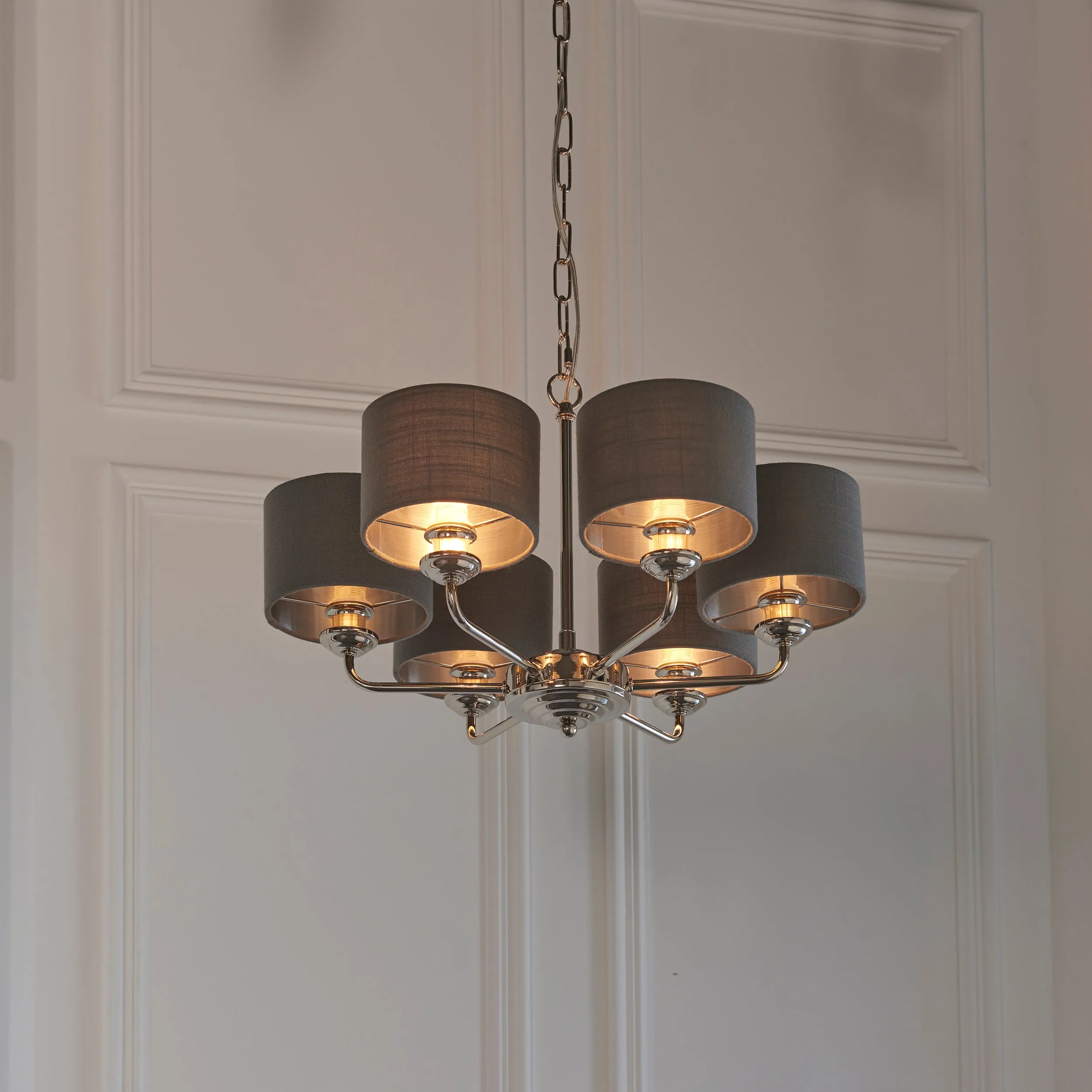 Endon 94381 Highclere 6lt Pendant Bright nickel plate & charcoal fabric 6 x 28W E14 Eco golf (Required)