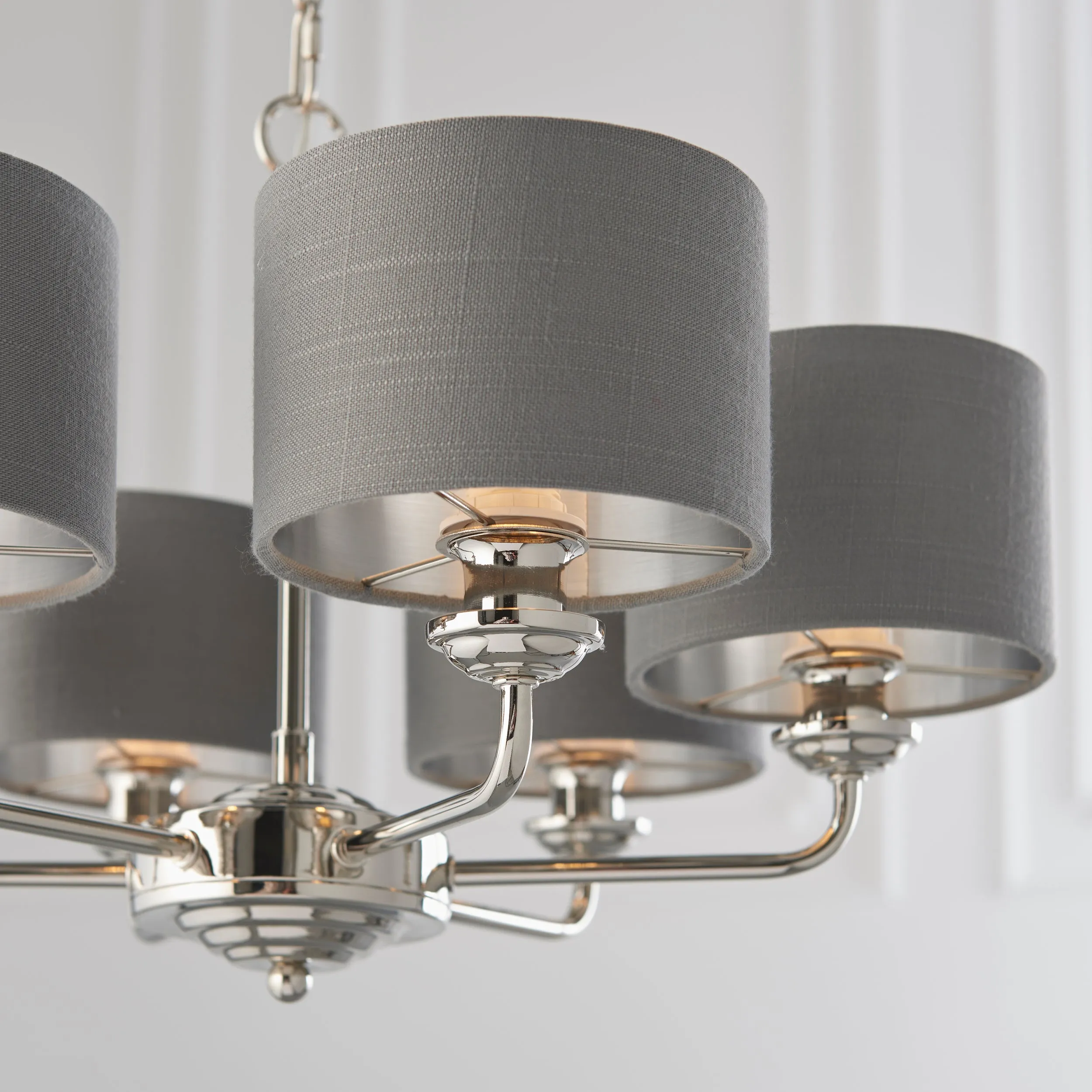 Endon 94381 Highclere 6lt Pendant Bright nickel plate & charcoal fabric 6 x 28W E14 Eco golf (Required)