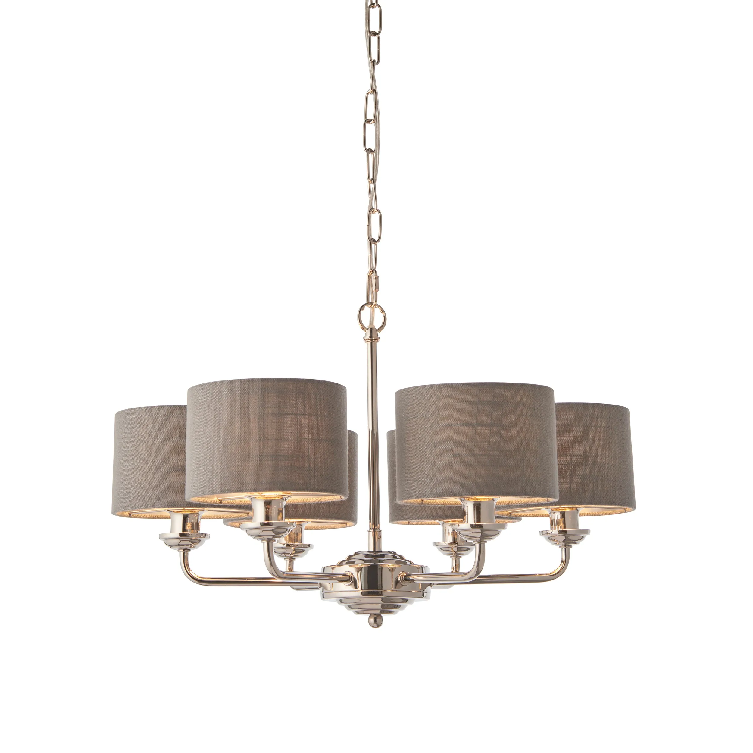 Endon 94381 Highclere 6lt Pendant Bright nickel plate & charcoal fabric 6 x 28W E14 Eco golf (Required)