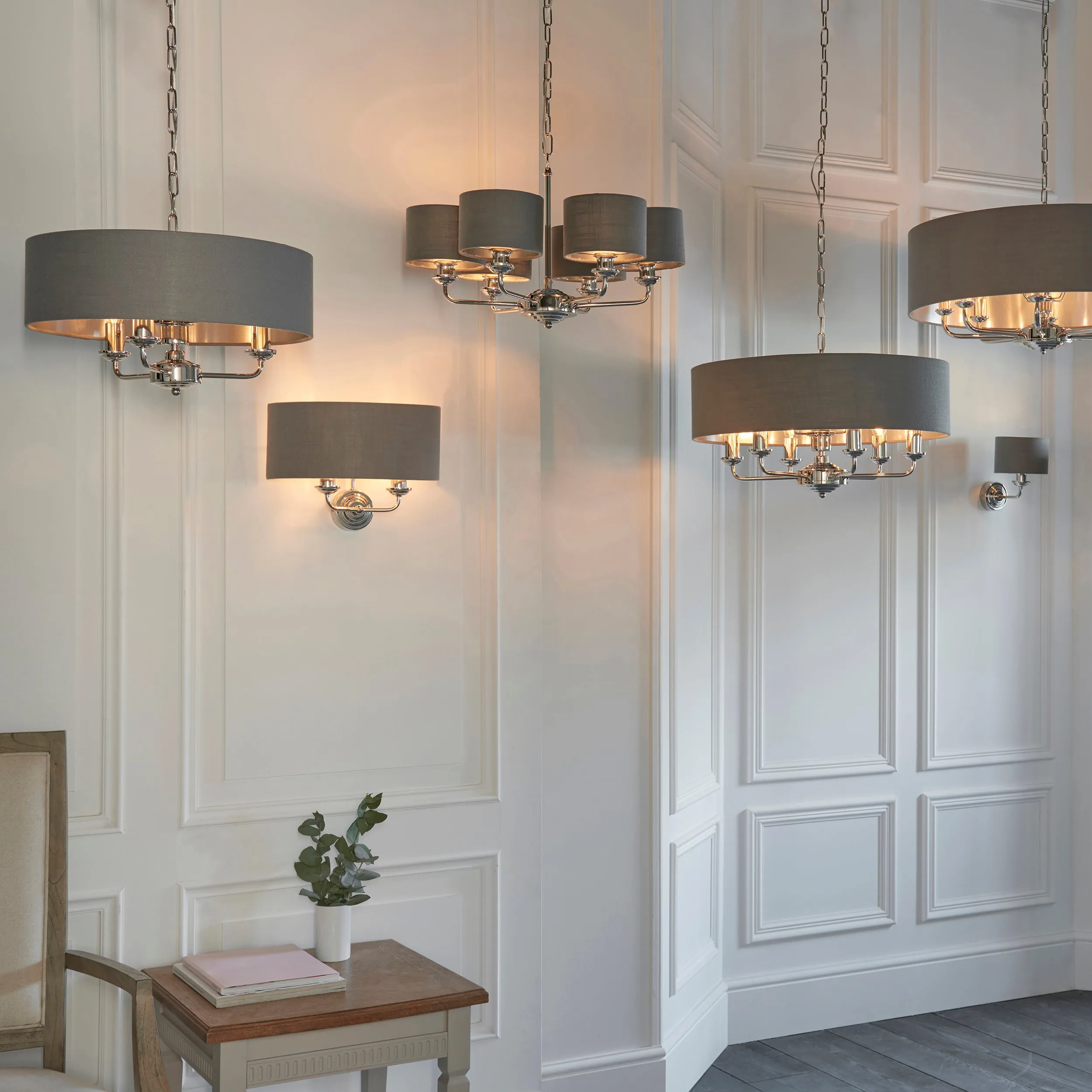 Endon 94381 Highclere 6lt Pendant Bright nickel plate & charcoal fabric 6 x 28W E14 Eco golf (Required)