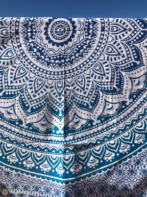 Extra Large Cotton Throw with Blue Mandala Pattern