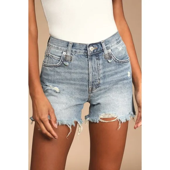 Free People Makai Cut Off Jean Shorts 31 Blue Denim Raw Hem Distress Faded New