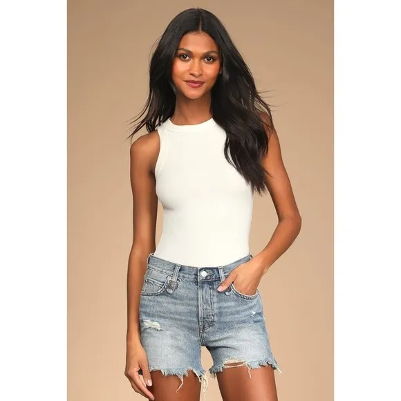 Free People Makai Cut Off Jean Shorts 31 Blue Denim Raw Hem Distress Faded New