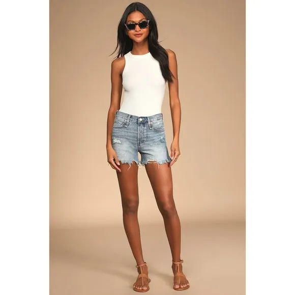 Free People Makai Cut Off Jean Shorts 31 Blue Denim Raw Hem Distress Faded New