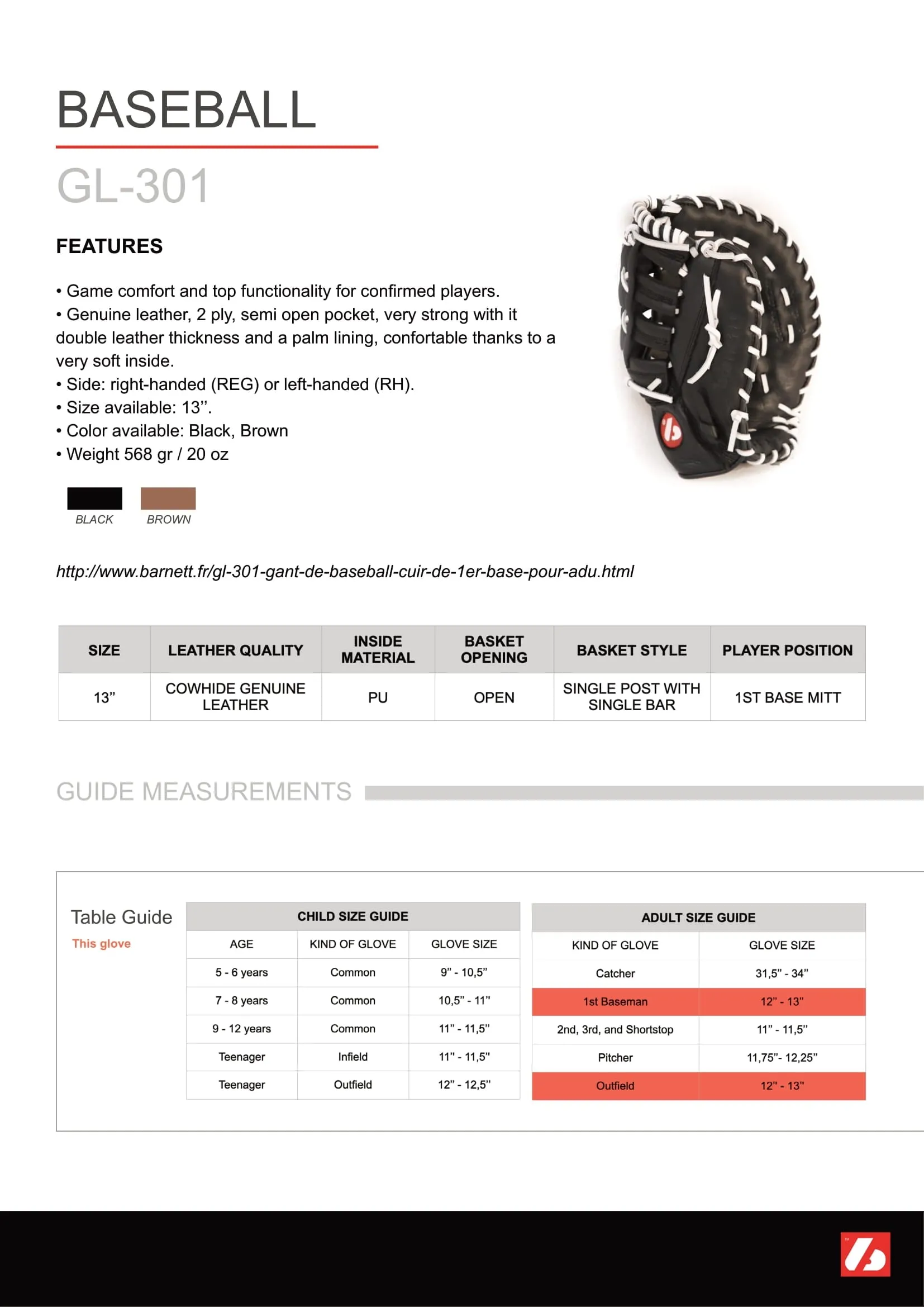 GL-301 Competition first base baseball glove, genuine leather, size 31, Black