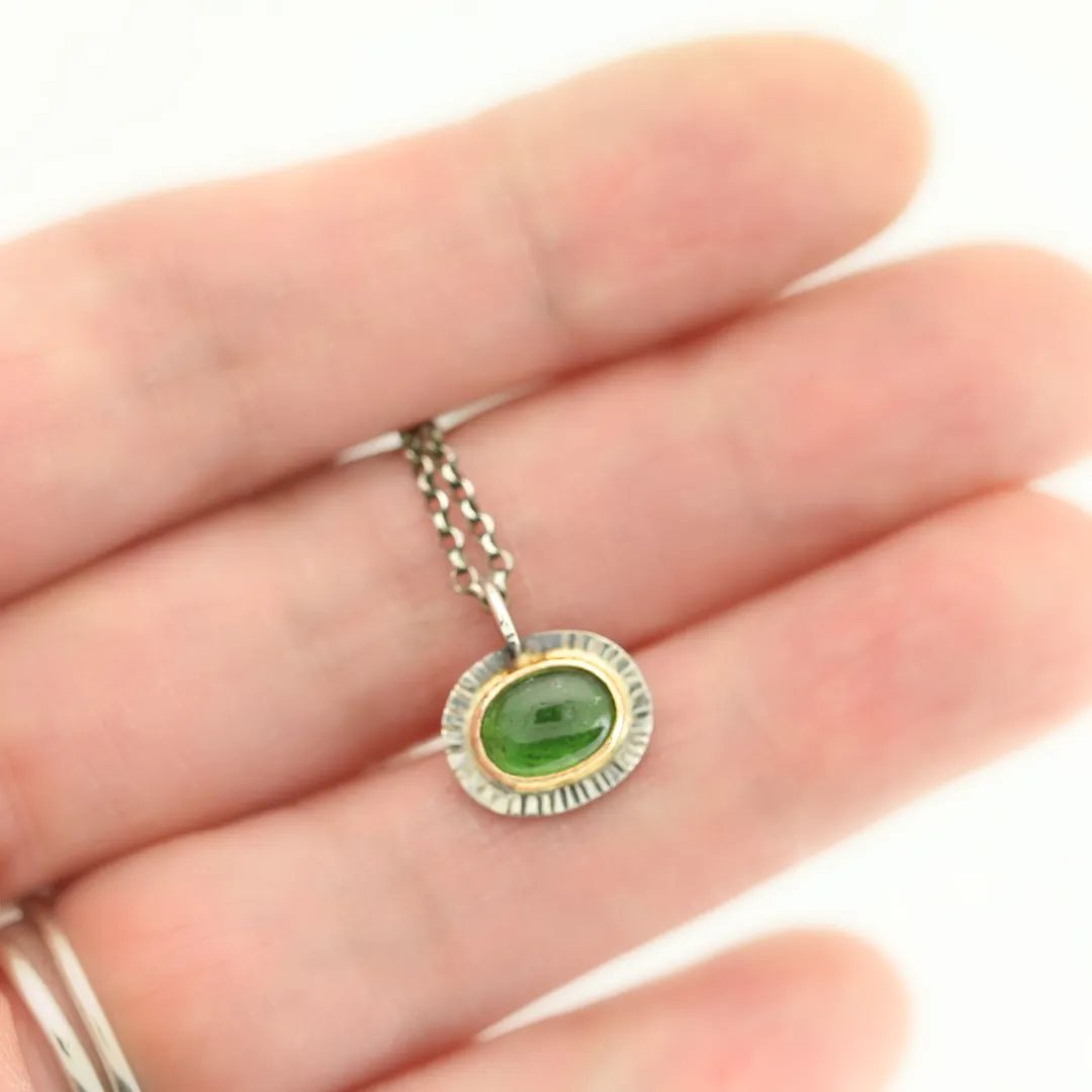 Green Tourmaline 14k and Silver Mixed Metal Necklace