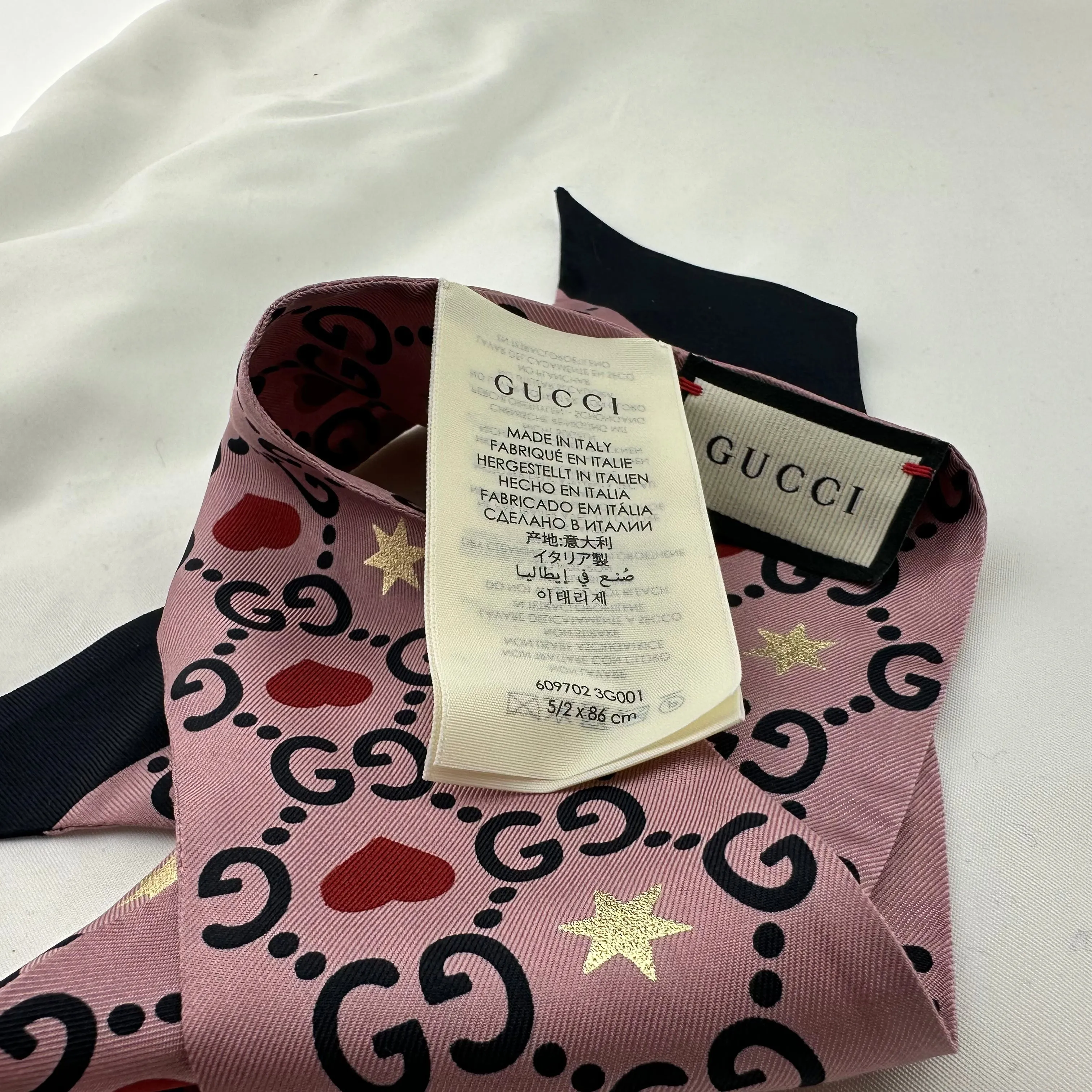 Gucci Patterned Silk Neck Bow with GG, Hearts and Stars