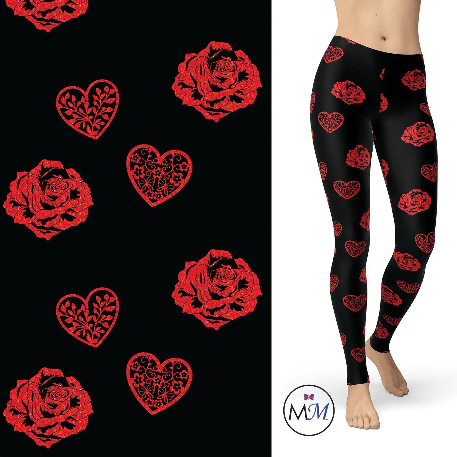Hearts with Roses on Black with Red Sparkle Foil  and Pockets