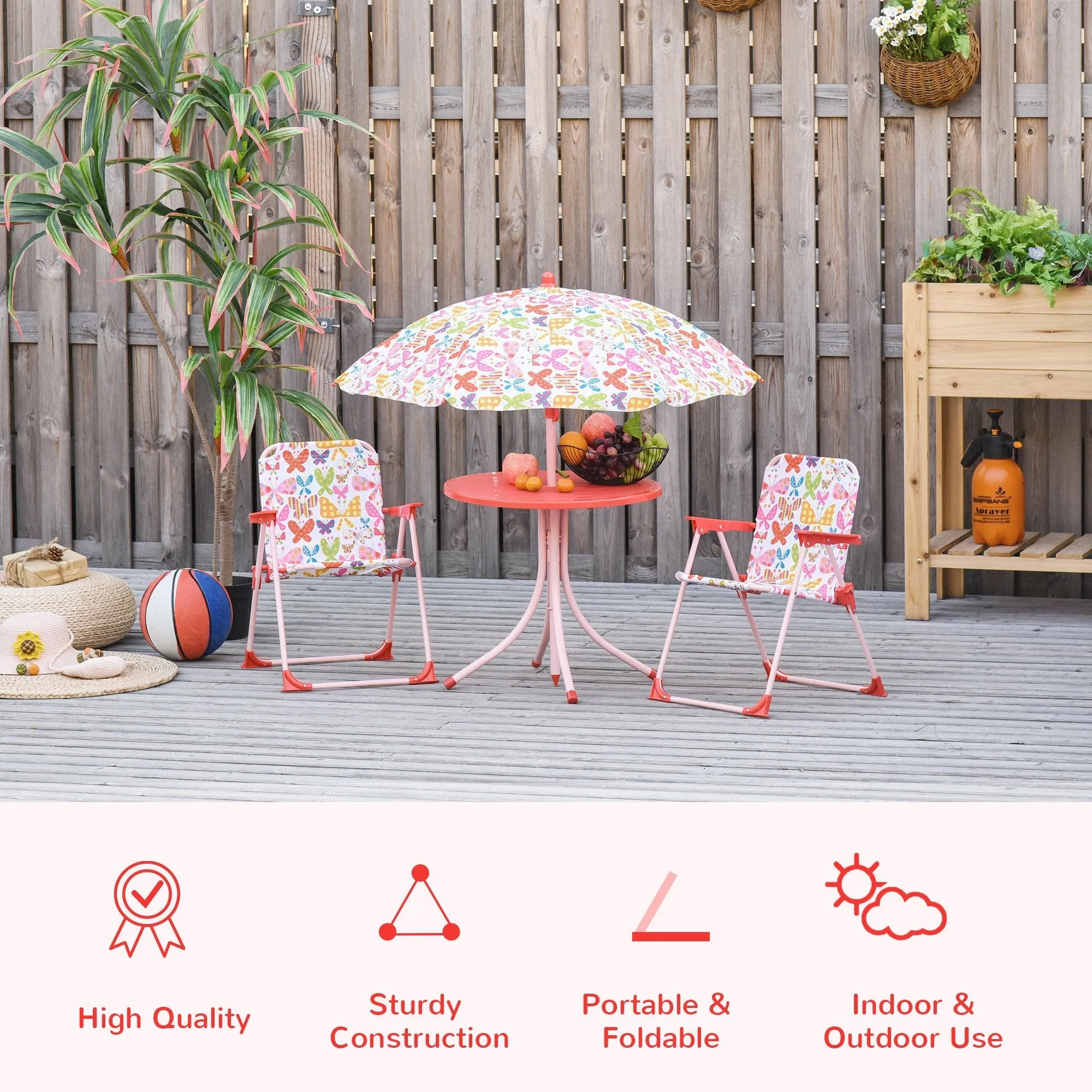 Kids Folding Picnic Table and Chairs Set Color Stripes Outdoor w/ Parasol