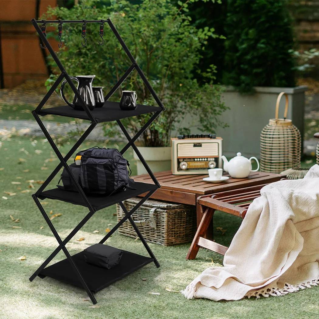 Levede Foldable Camping Storage Shelves 3 Layer with Hooks Black