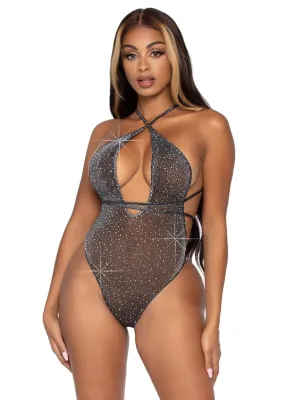 Lurex Rhinestone Teddy with Thong Back Silver