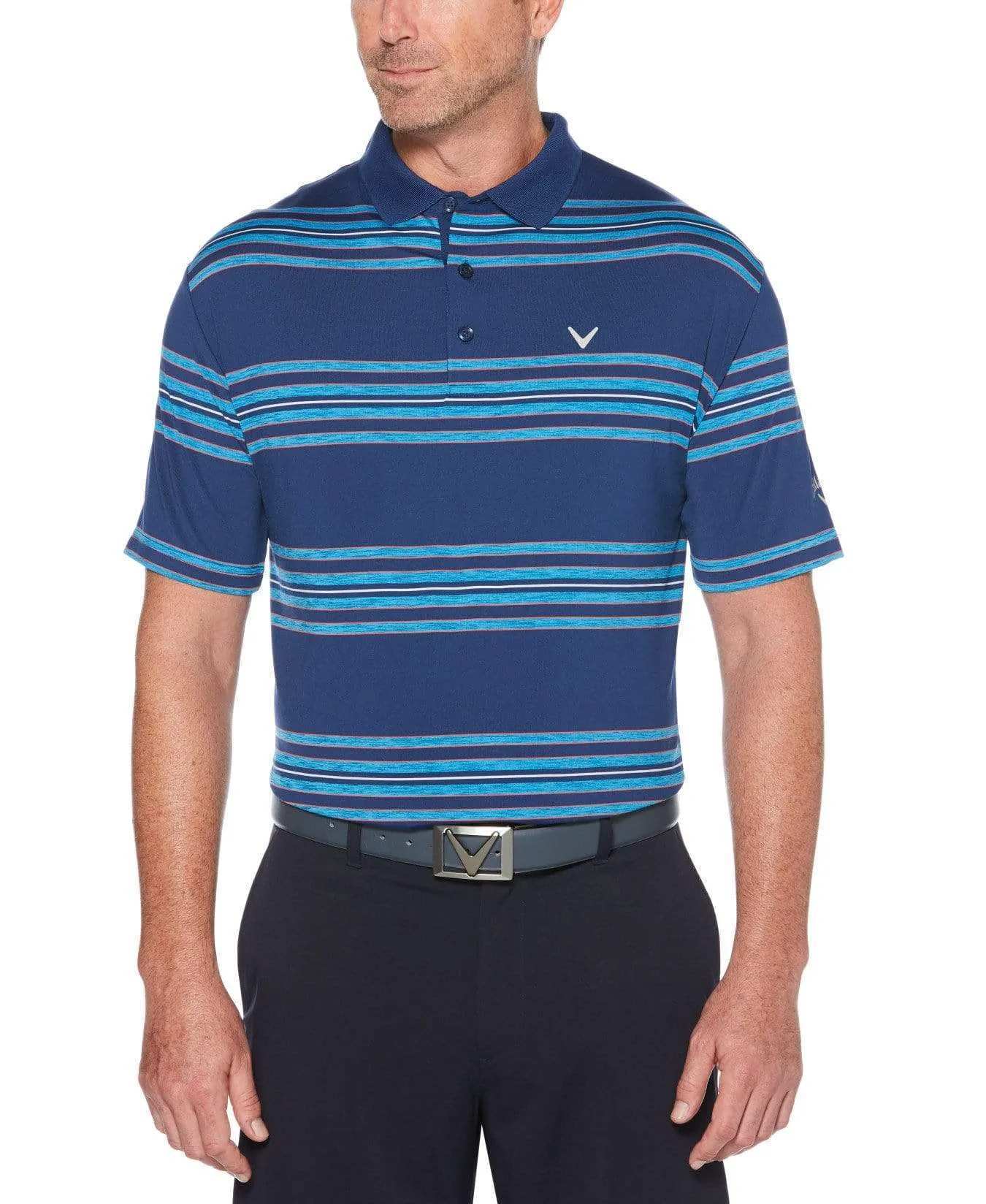 Mens Cooling Regimental Space Dye Stripe Polo with Chevron