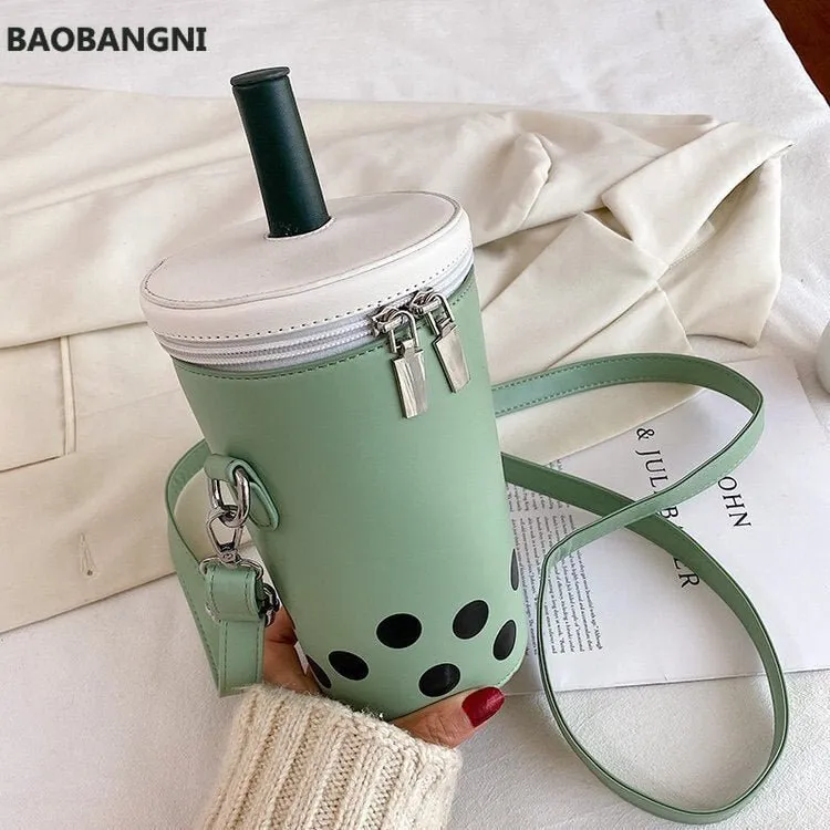 Milk Tea Drink Crossbody Bag with Cartoon Print