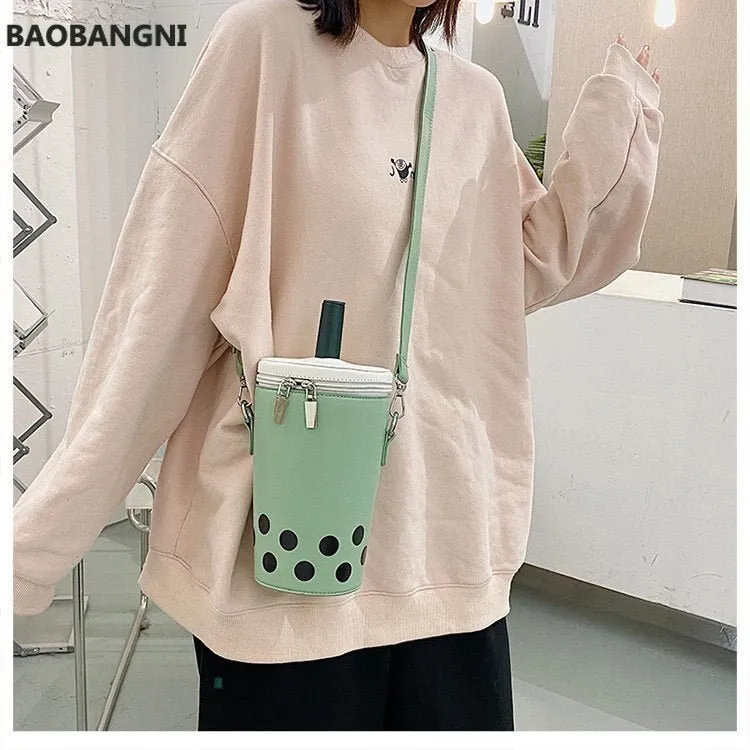 Milk Tea Drink Crossbody Bag with Cartoon Print
