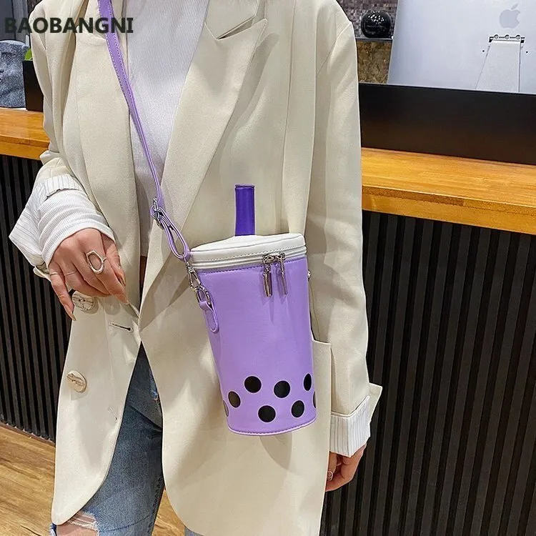 Milk Tea Drink Crossbody Bag with Cartoon Print