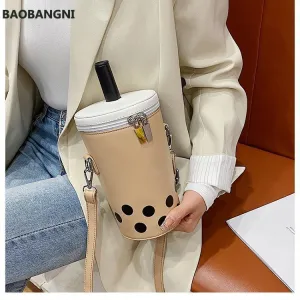 Milk Tea Drink Crossbody Bag with Cartoon Print
