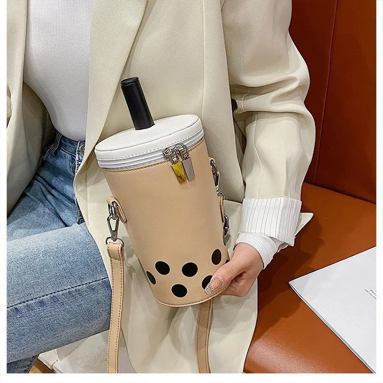 Milk Tea Drink Crossbody Bag with Cartoon Print