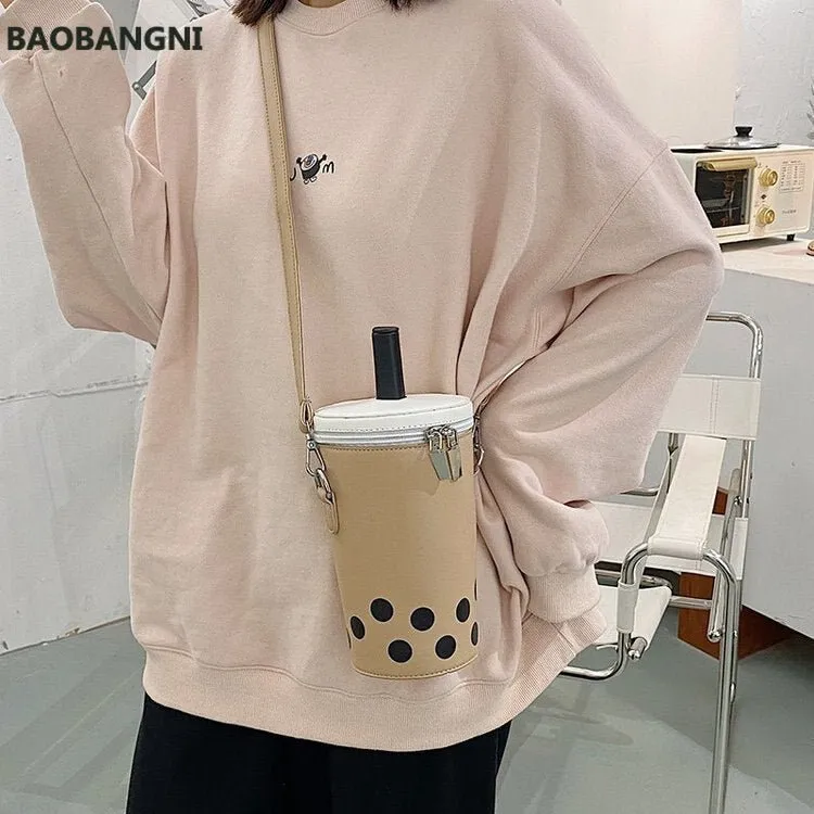 Milk Tea Drink Crossbody Bag with Cartoon Print