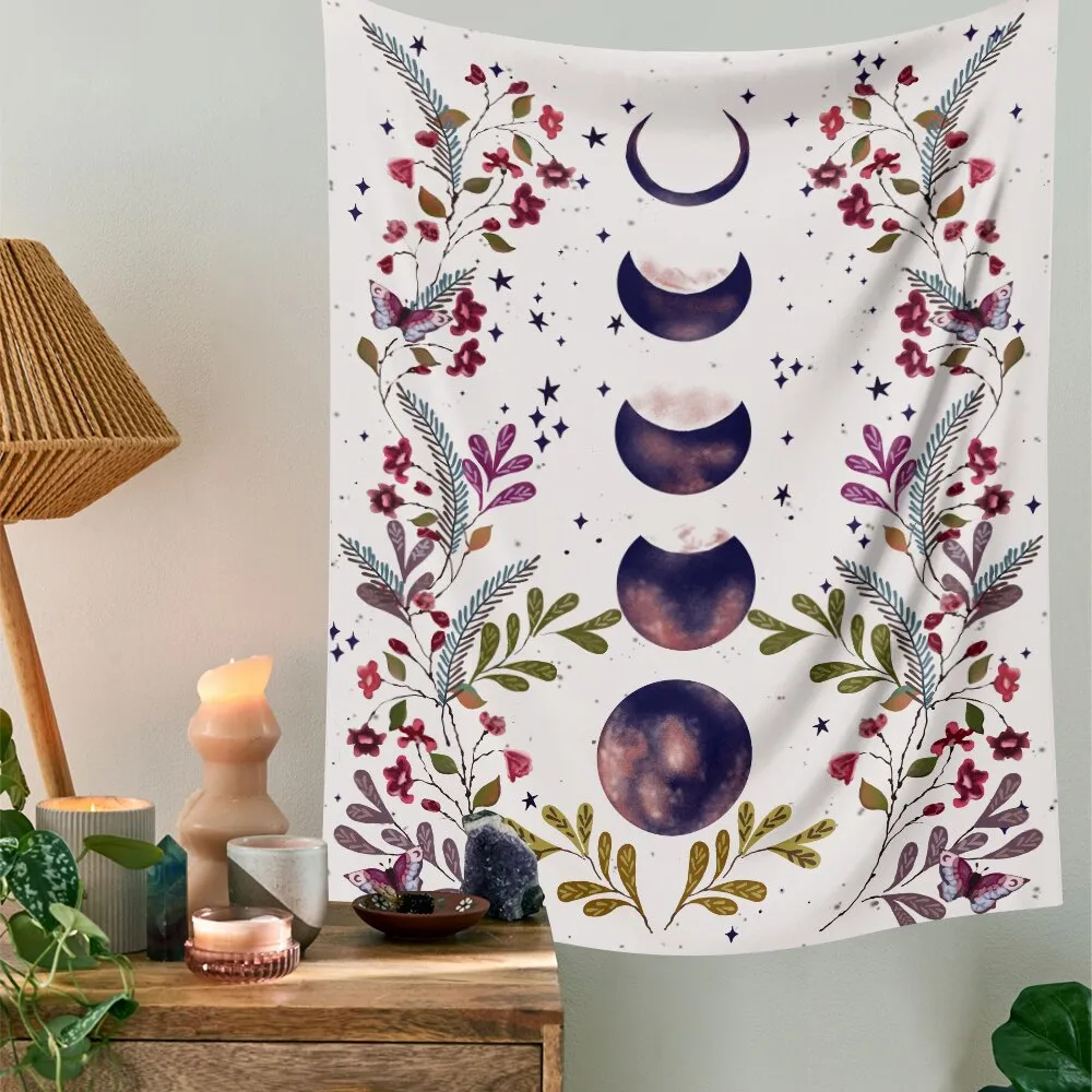 Moon Phase Tapestry Wall Hanging Flowers Moon Black and White Wall Art Tapestry for Bedroom Living Room Dorm Home Decor