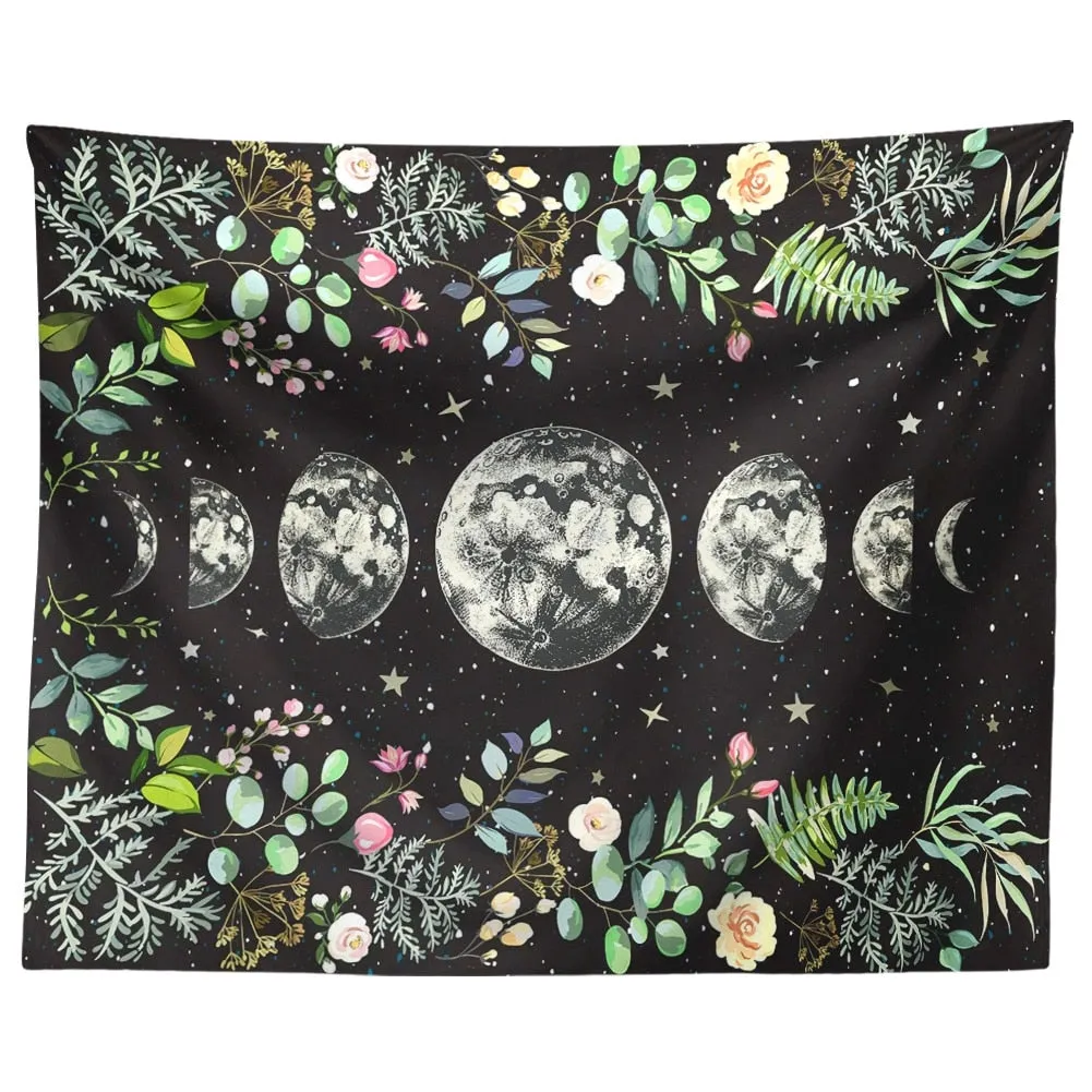 Moon Phase Tapestry Wall Hanging Moon Light Green Olive Leaf Black Flower Tapestries Boho Room Wall Decor Home Decoration Wall